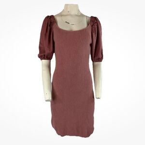 Ontwelfth Sz M Knit Sweater Dress With Satin Puff Arms Pink Viscose Pullover
